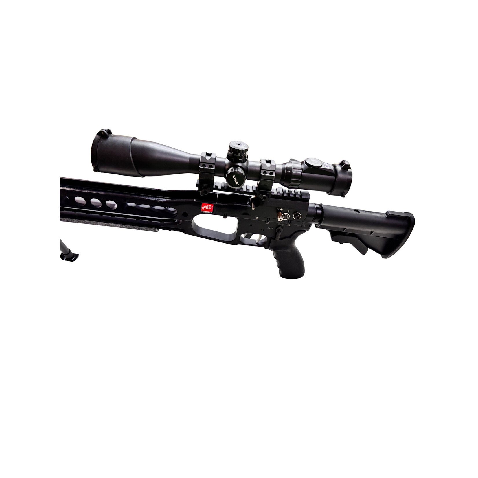 USED PSE TAC 15 CROSSBOW WITH SOFT CASE 5 BOLTS 3 FIELD TIPS INTERNAL CRANK BIPOD AND 3-12 ACCUSHOT SCOPE SPARE CABLE AND CRANK ROPE