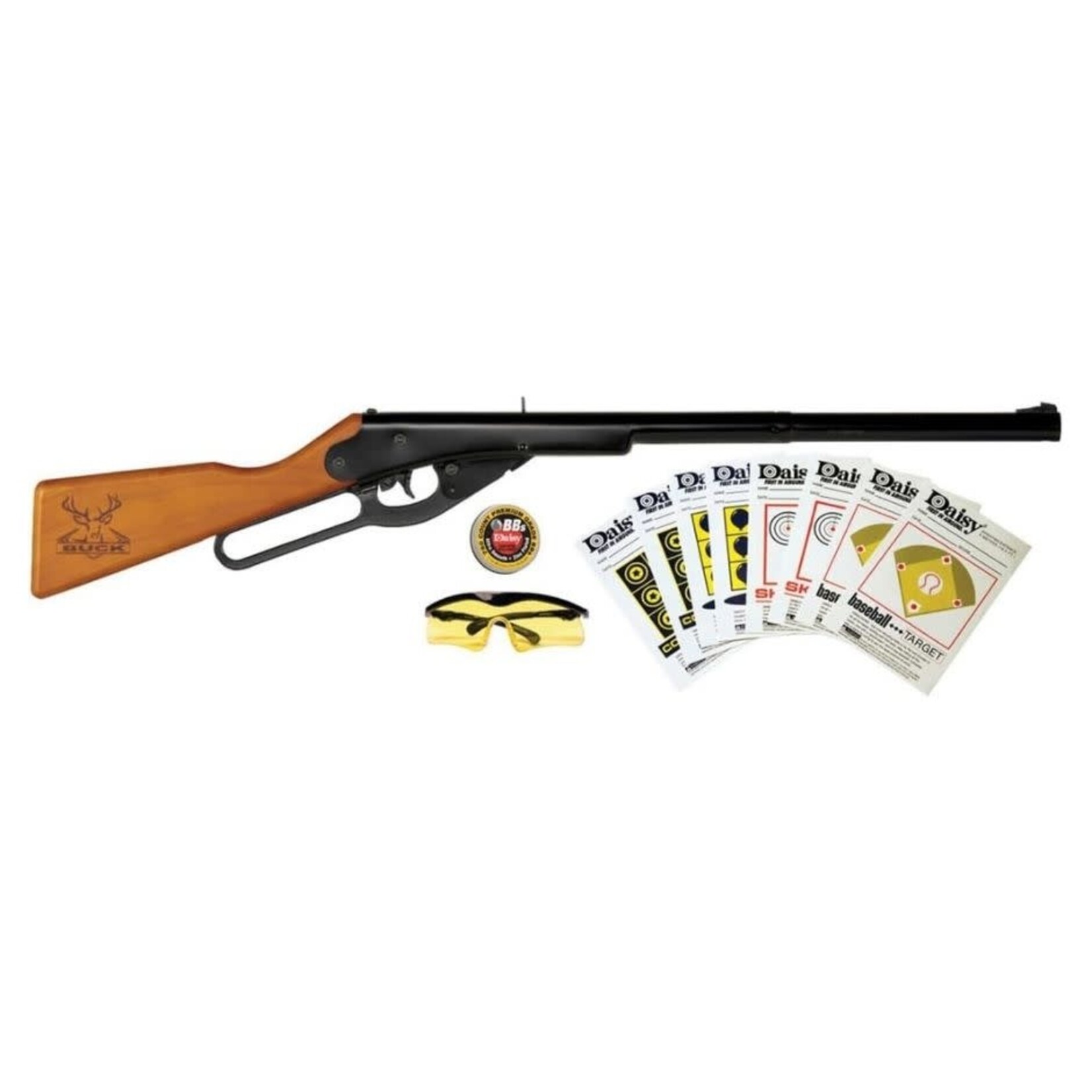 daisy DAISY BUCK MODEL 105 AIR RIFLE KIT 350 FPS .177 CAL LEVER ACTION 400 SHOT CAPACITY COMES W/ 750 CT BB TIN SHOOTING GLASSES AND TARGETS