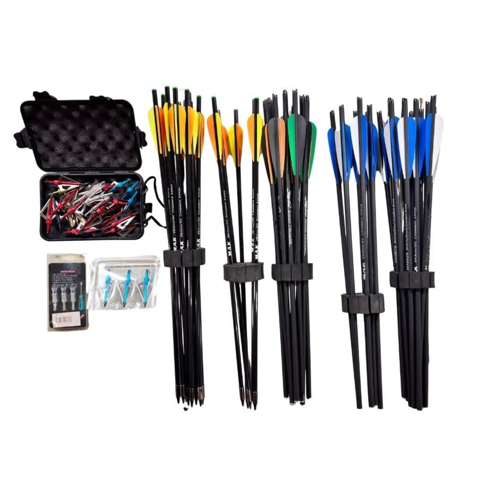 USED RECURVE CROSSBOW PKG 150 LB DW W/ 27 BROADHEADS 28 FIELD POINTS 30 BOLTS 18 BOLTS W/ FIXED POINTS LIGHTED NOCS AND CASE