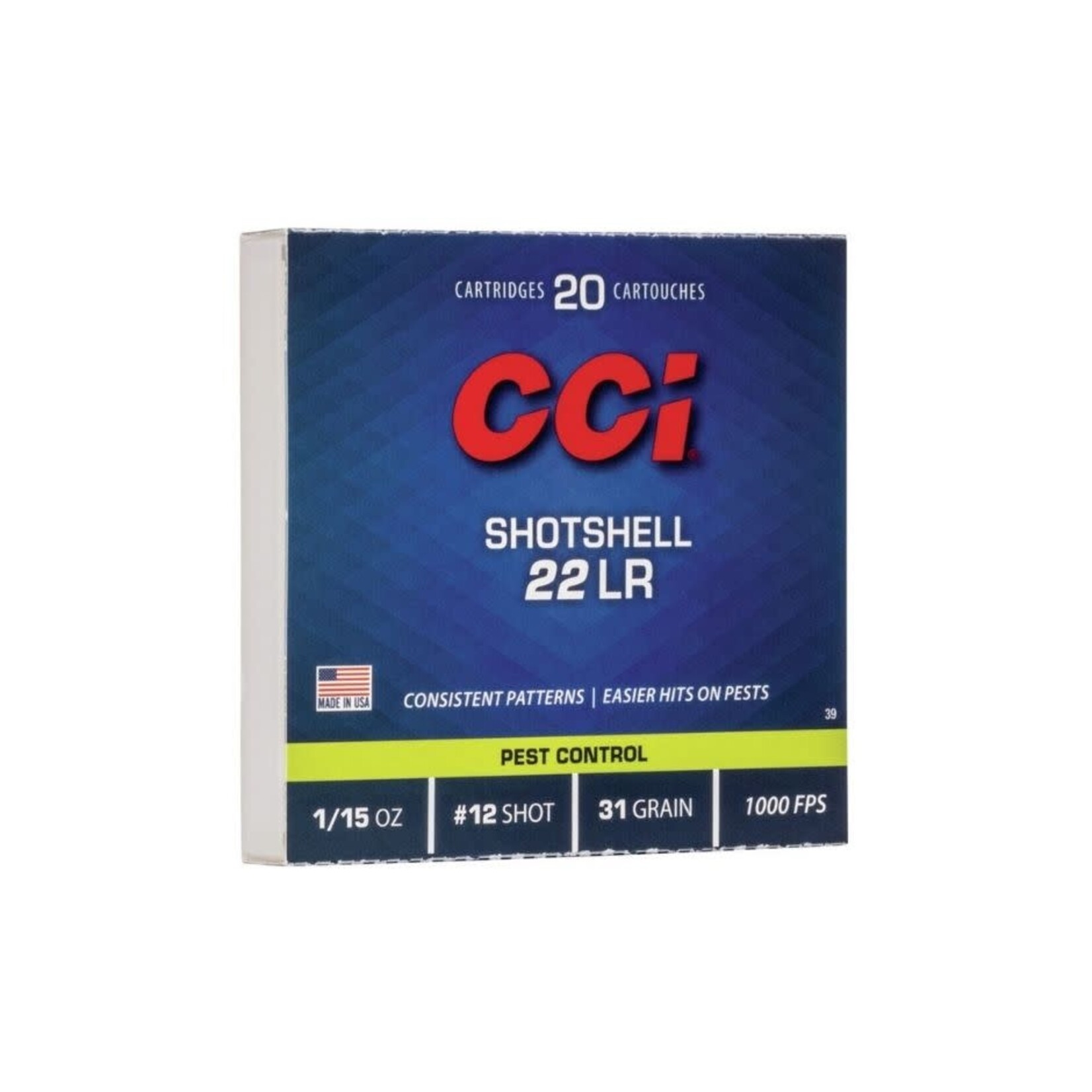 CCI CCI 22 LR LONG RIFLE SHOTSHELL 31 GR #12 SHOT 1000 FPS CCI0039