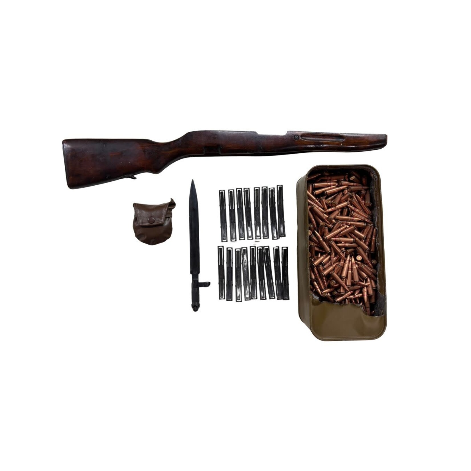 USED RUSSIAN SKS 7.62X39 SEMI AUTO 20" BRL 5 RDS W/ WOOD STOCK, SYNTH STOCK, 16 STRIPPER CLIPS, 532 ROUNDS, BAYONET, RAILS, CLEANING KIT