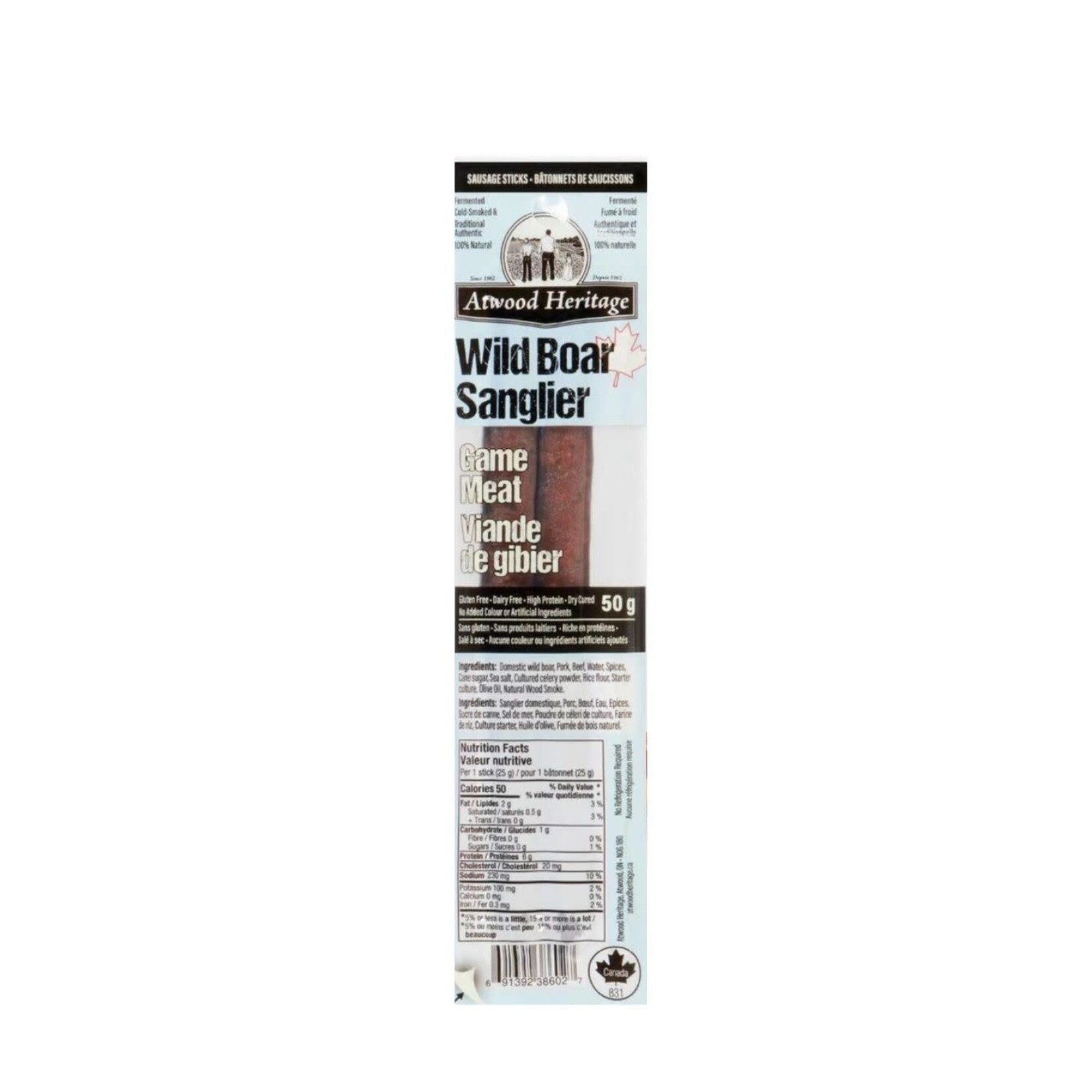 ATWOOD HERITAGE WILD BOAR SAUSAGE SNACKS 2 PC 50 GRAM