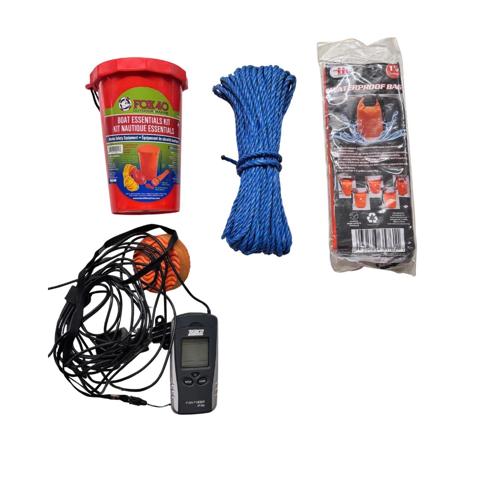 USED BOAT ACCESSORIES INCLUDING TROUT NET, ROPE, FOX 40  BOAT SAFETY KIT, WATERPROOF BAG ANS ZEBCO FISH FINDER