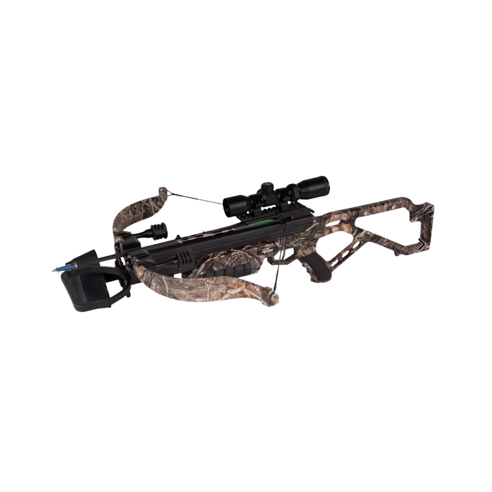EXCALIBUR EXCALIBUR MAG MAX 350 CROSSBOW MOSSY OAK CAMO W/ DEADZONE SCOPE 1" RINGS REDS SUPPRESSORS QUIVER QUILL 16.5" ARROWS CEASEFIRE COCKING AID
