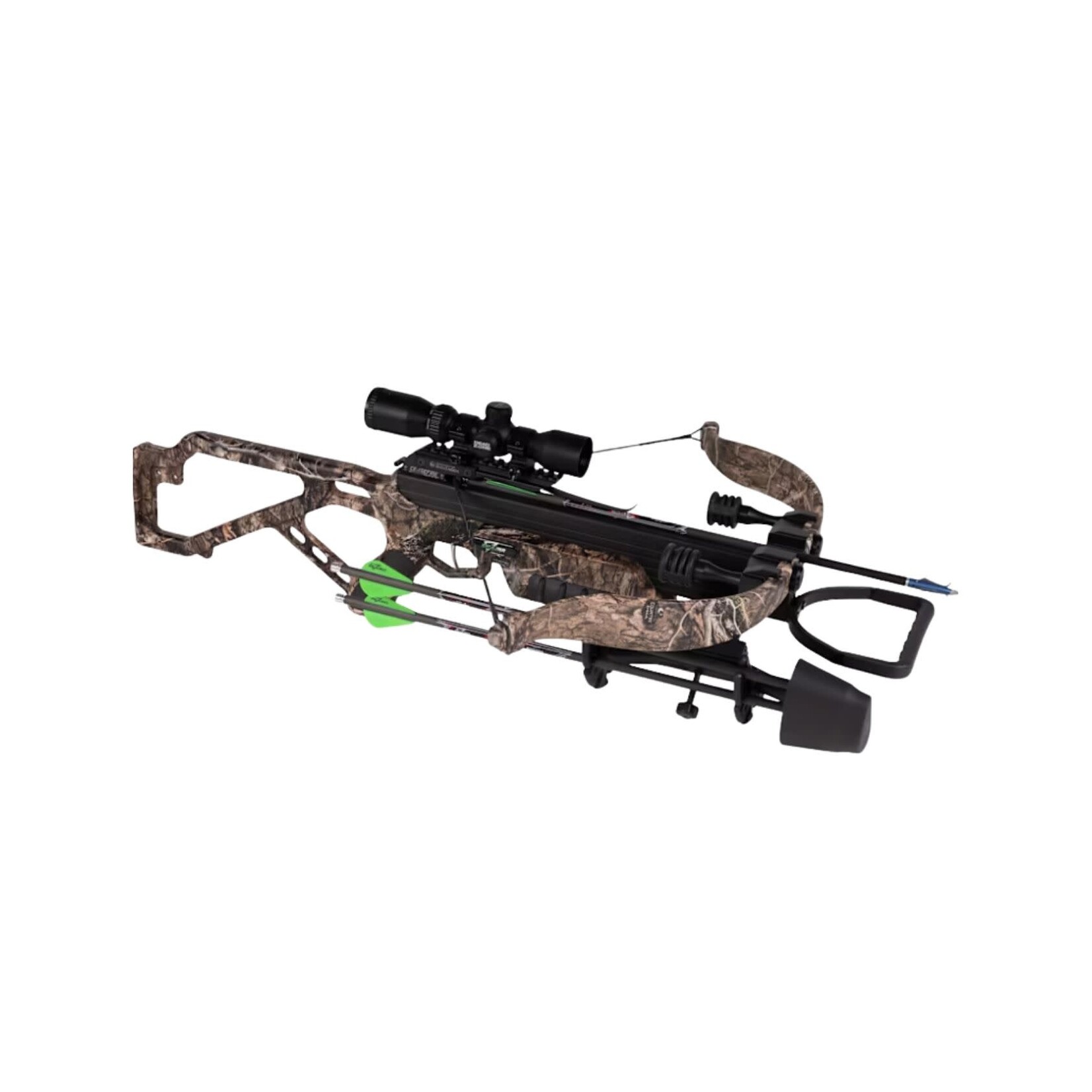 EXCALIBUR EXCALIBUR MAG MAX 350 CROSSBOW MOSSY OAK CAMO W/ DEADZONE SCOPE 1" RINGS REDS SUPPRESSORS QUIVER QUILL 16.5" ARROWS CEASEFIRE COCKING AID