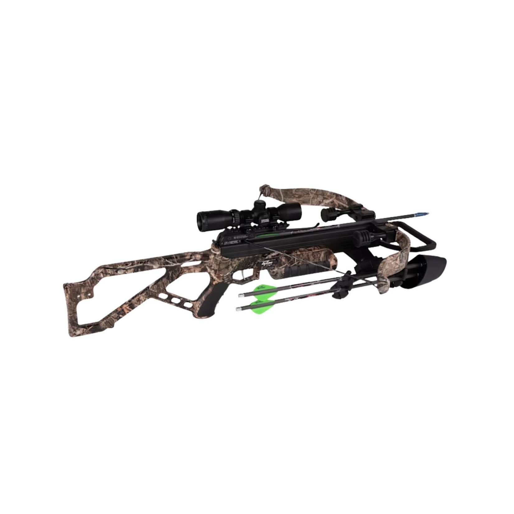 EXCALIBUR EXCALIBUR MAG MAX 350 CROSSBOW MOSSY OAK CAMO W/ DEADZONE SCOPE 1" RINGS REDS SUPPRESSORS QUIVER QUILL 16.5" ARROWS CEASEFIRE COCKING AID