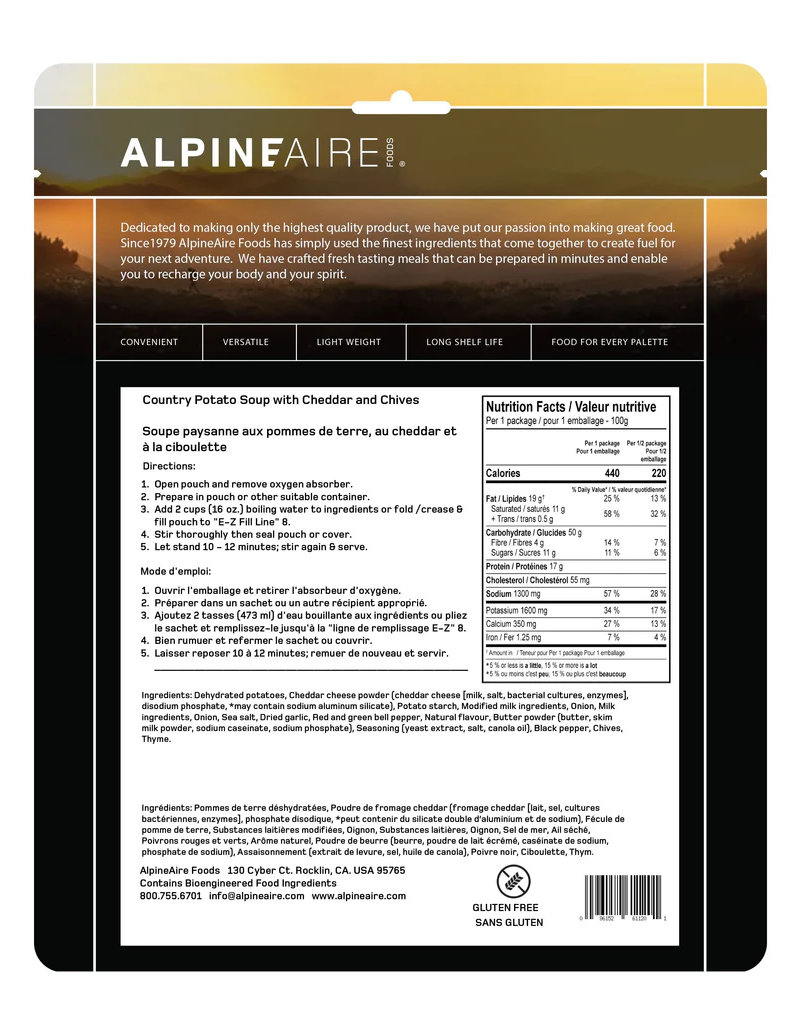 AlpineAire Soupe de Pommes de Terre Campagnarde au Cheddar et à la Ciboulette