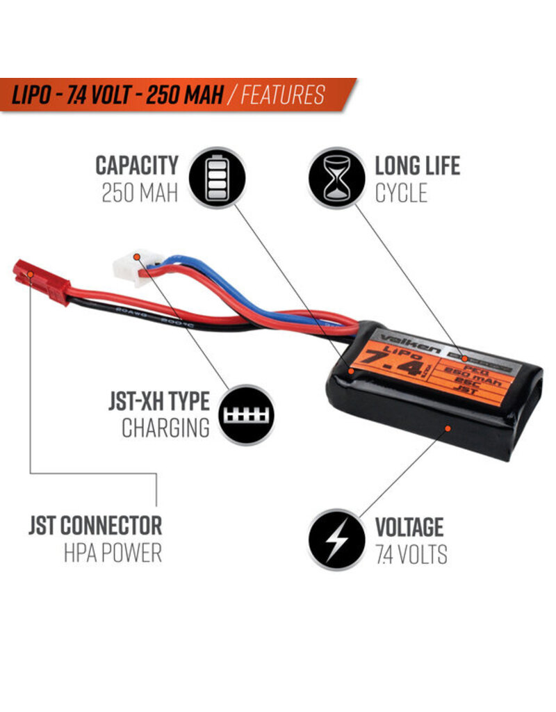 Batterie Li-Po 7.4V 250mAh connectique JST pour systèmes HPA