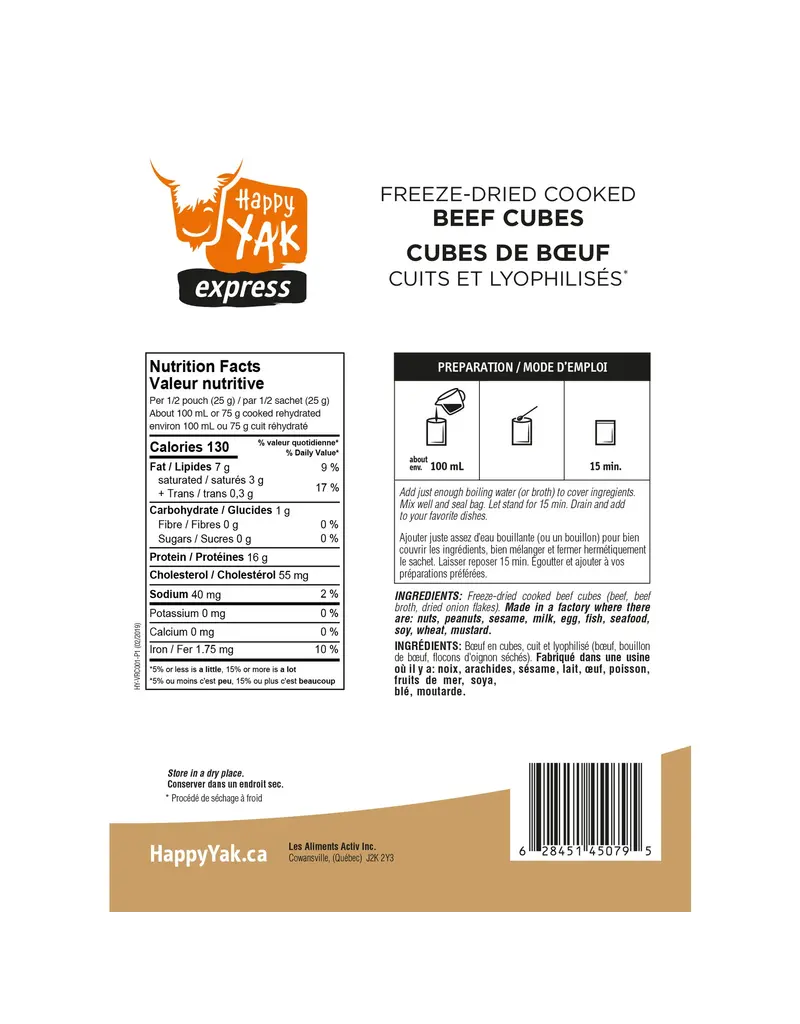 Happy Yak Freeze-Dried Cooked Beef Cubes (50g)