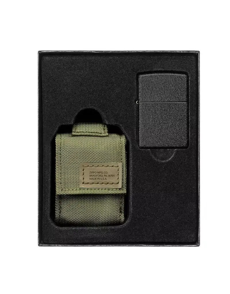 Zippo Black Crackle Lighter with Black Pouch Gift Set