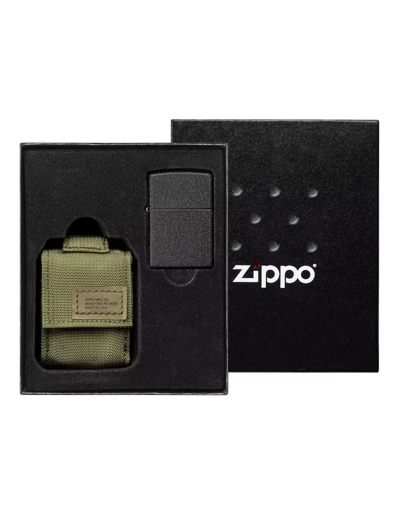 Zippo Black Crackle Lighter with Black Pouch Gift Set