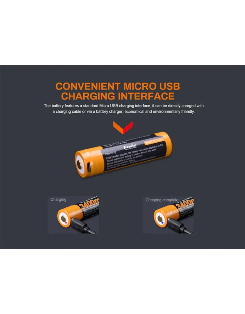 Fenix Batterie 18650 3400 mAh avec port de charge micro-USB