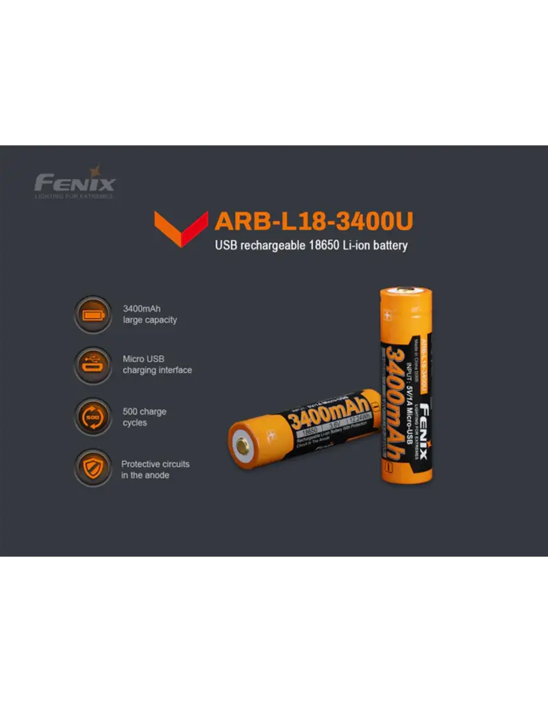 Fenix Batterie 18650 3400 mAh avec port de charge micro-USB