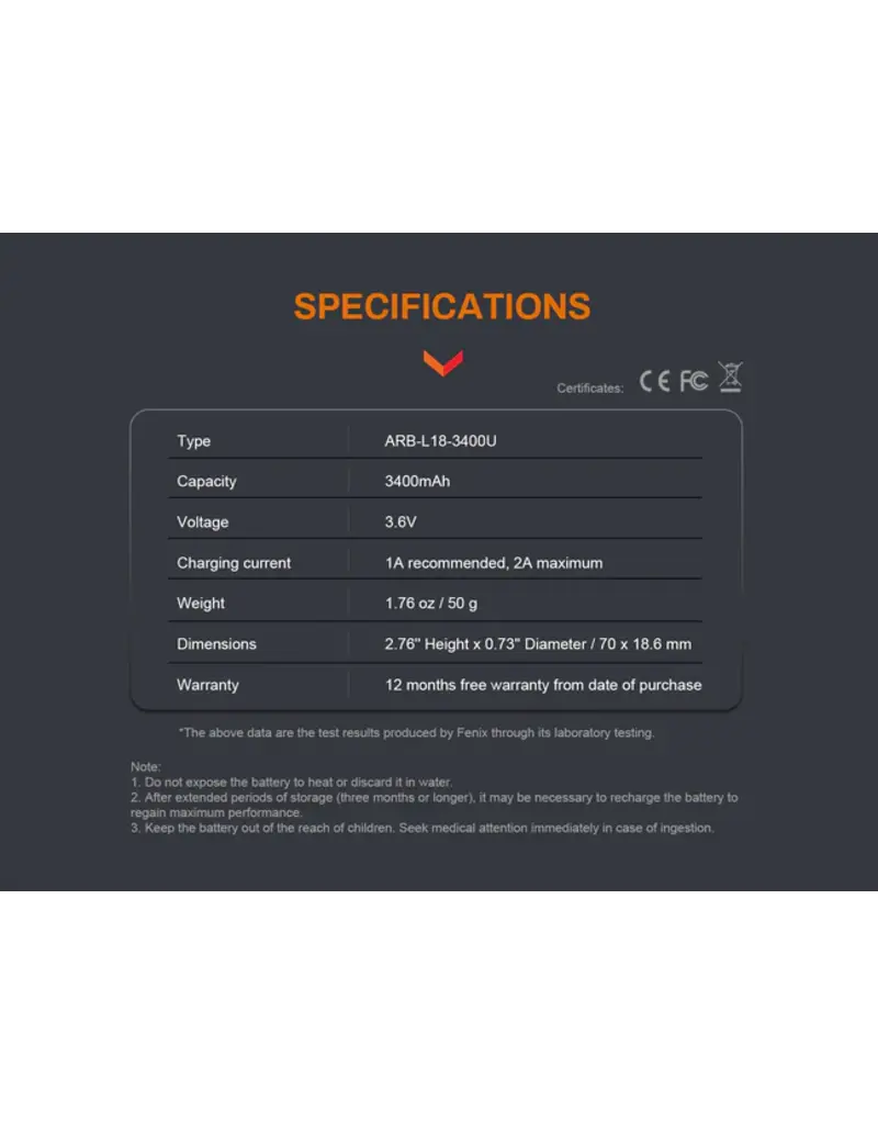 Fenix Batterie 18650 3400 mAh avec port de charge micro-USB