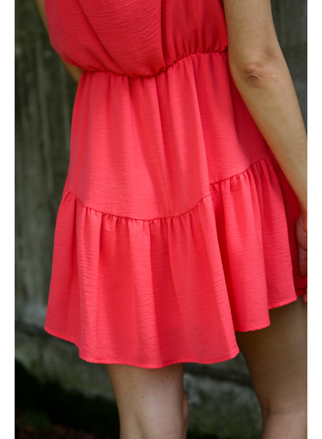 Coral Woven Mini Dress with Ruffle Straps and Tiered Hemline