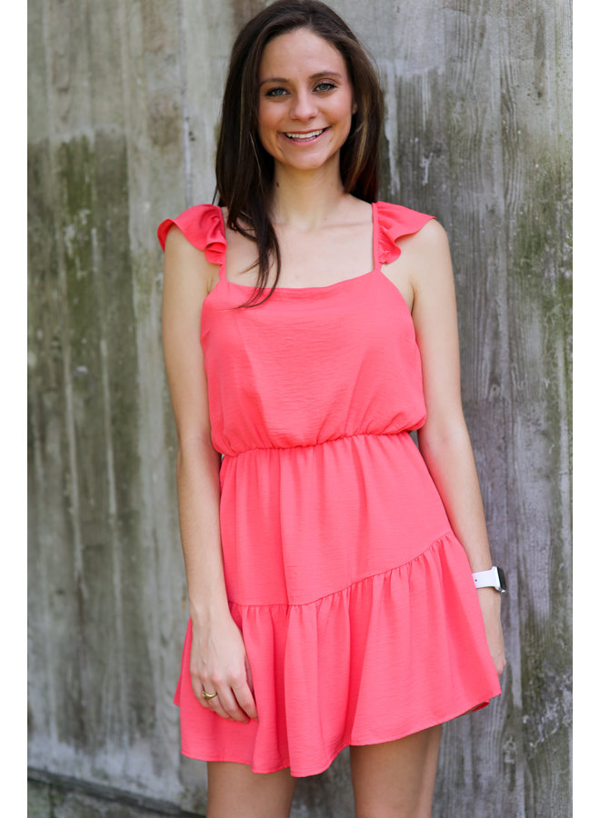 Coral Woven Mini Dress with Ruffle Straps and Tiered Hemline