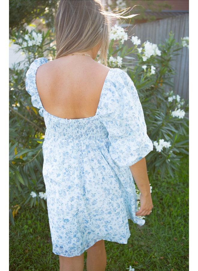 Blue Floral Puff Sleeve