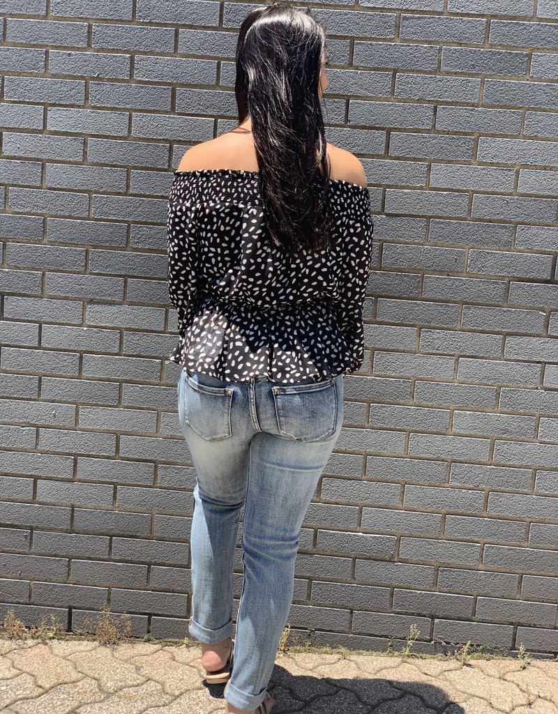 black smocked off the shoulder top