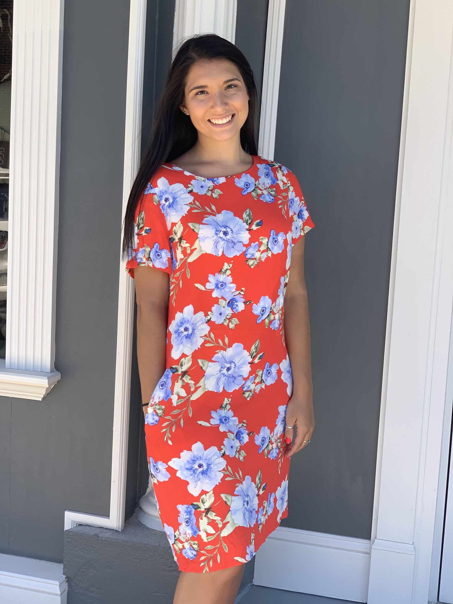 red and blue floral dress
