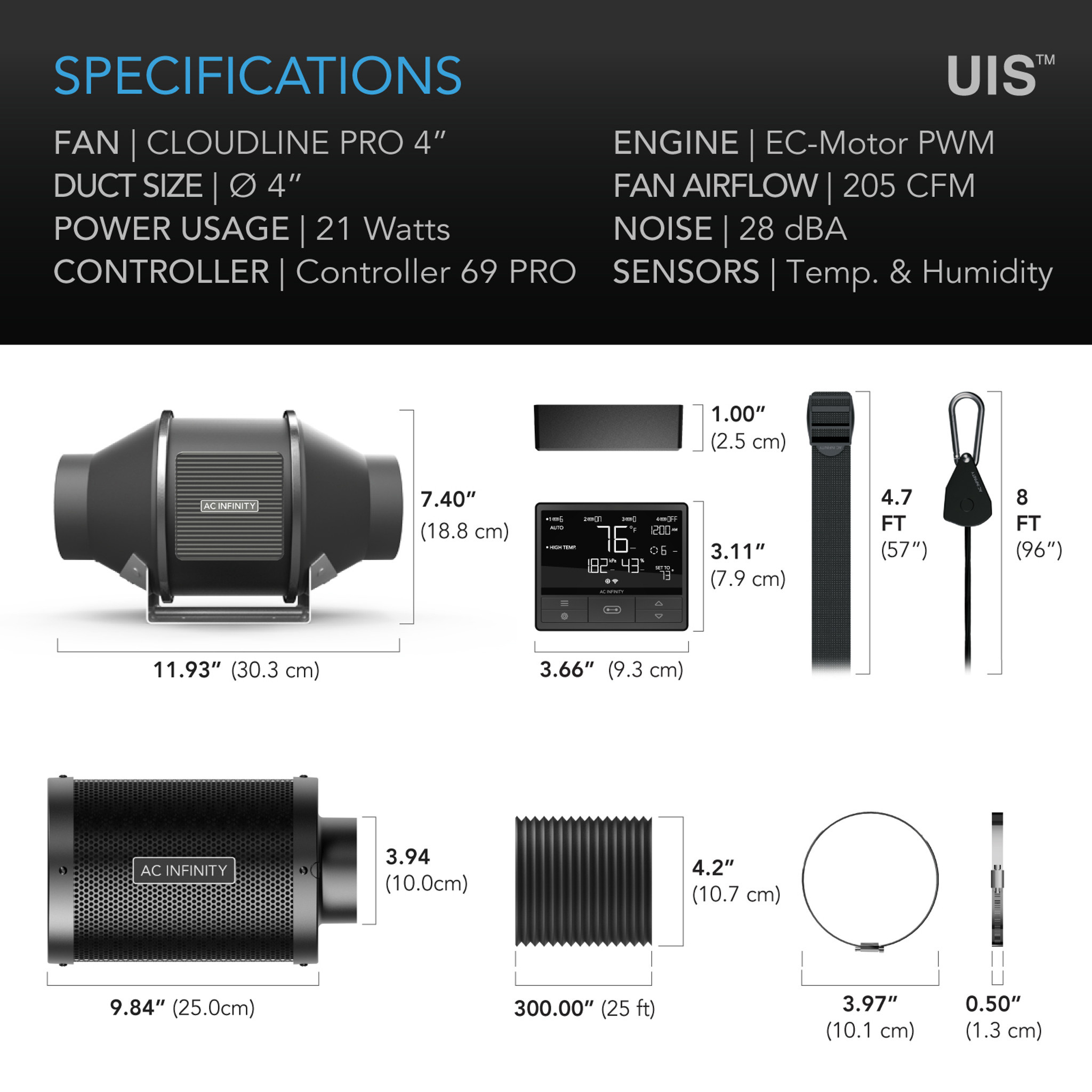 AC Infinity AC Infinity  PRO 4", Inline Fan with Smart Controller, Carbon Filter & Ducting Combo