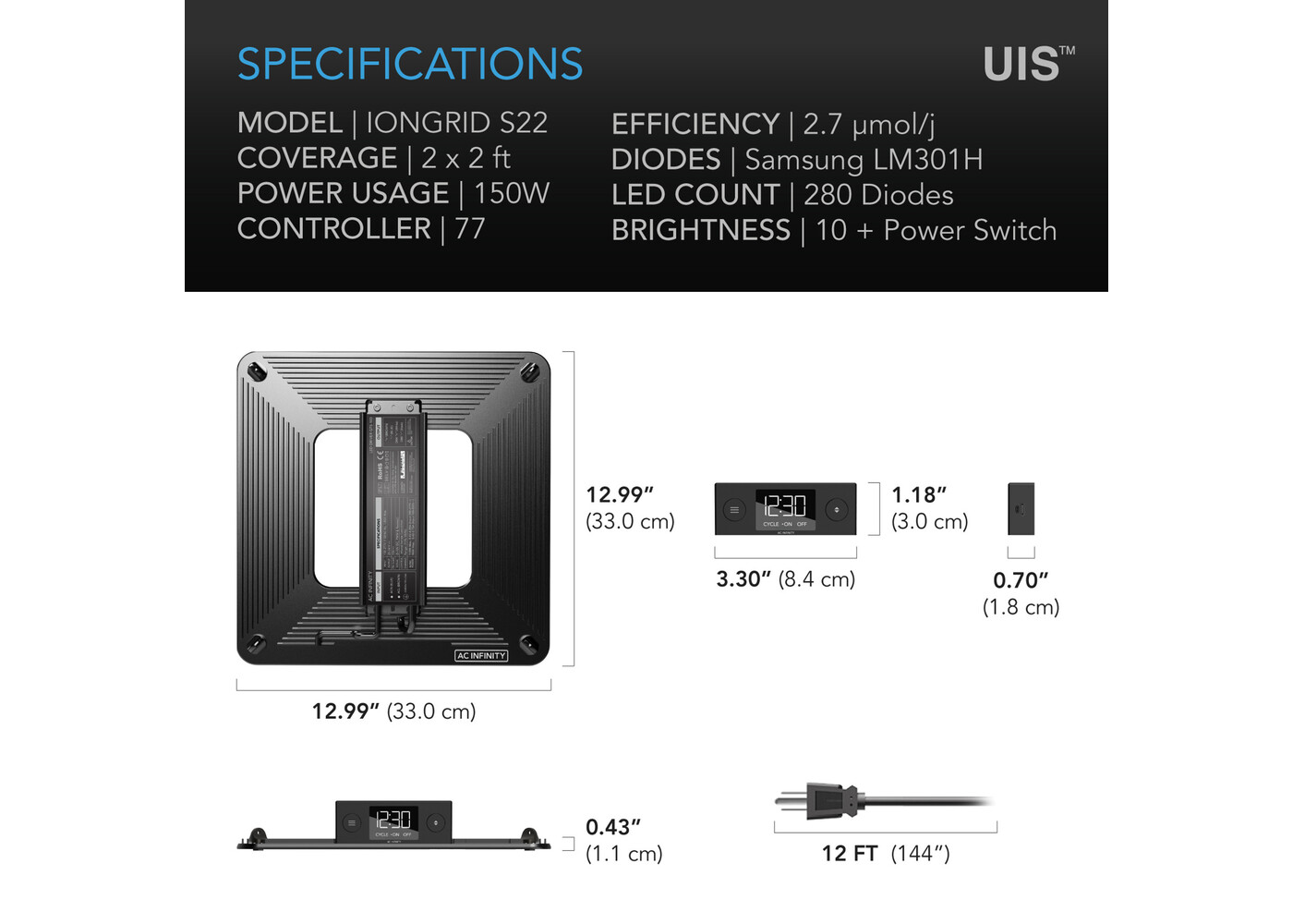 AC Infinity AC Infinity IONGRID S22, Full Spectrum LED Grow Light 130W, Samsung LM301H, 2x2 Ft. Coverage