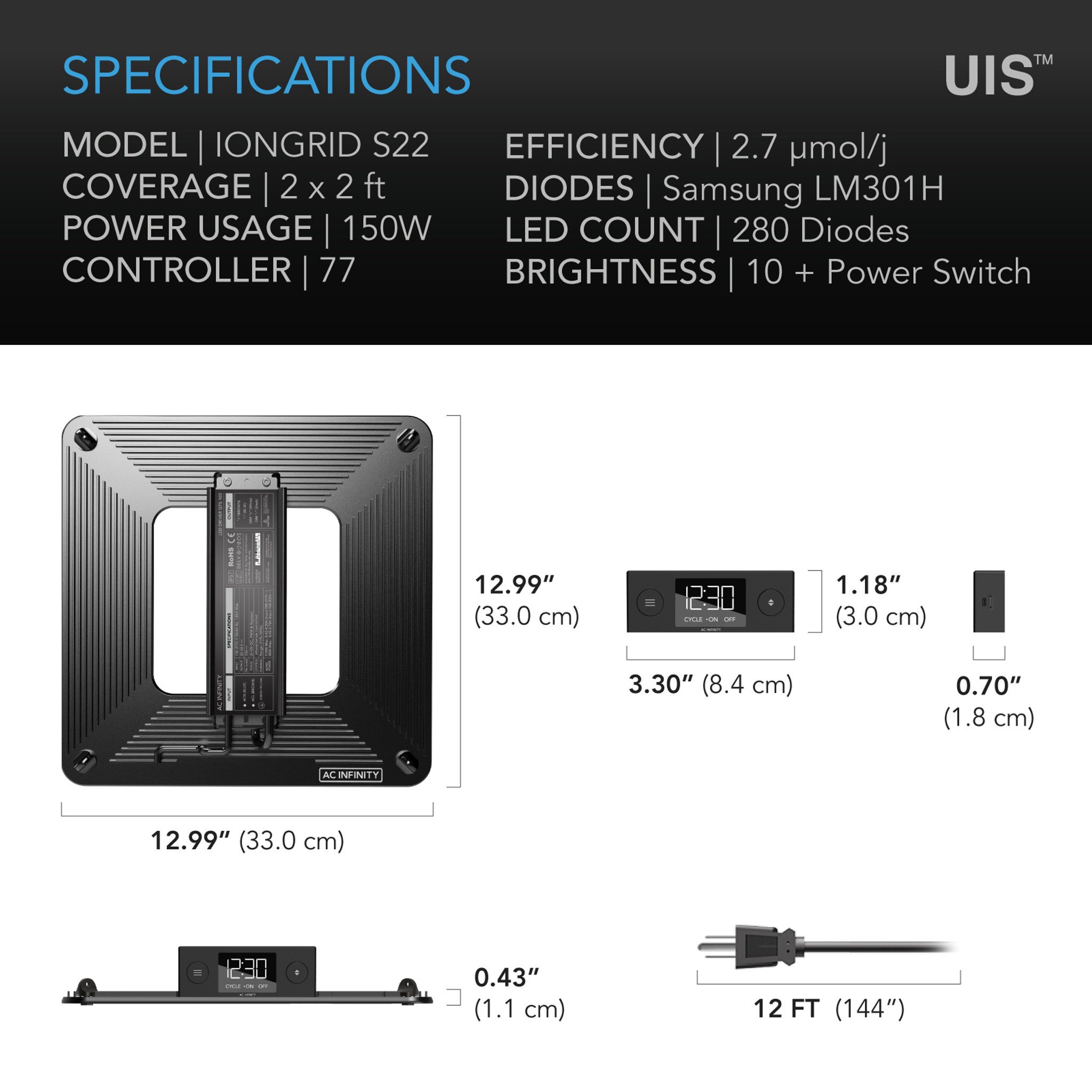 AC Infinity AC Infinity IONGRID S22, Full Spectrum LED Grow Light 130W, Samsung LM301H, 2x2 Ft. Coverage