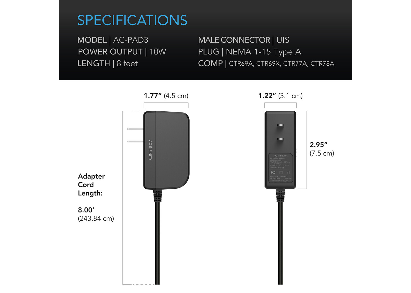 AC Infinity AC Infinity Power Adapter, for Controllers not powered by UIS device