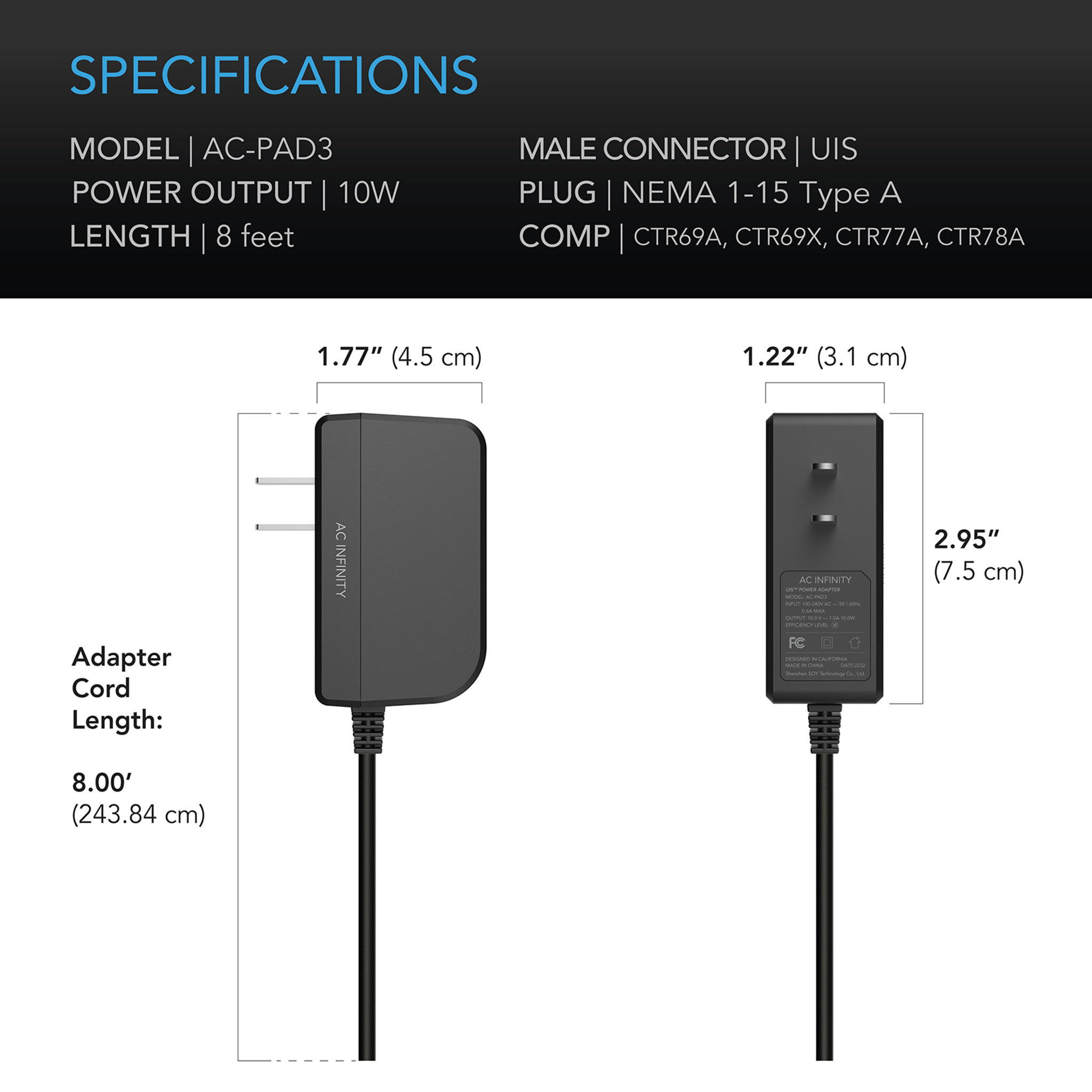 AC Infinity AC Infinity Power Adapter, for Controllers not powered by UIS device
