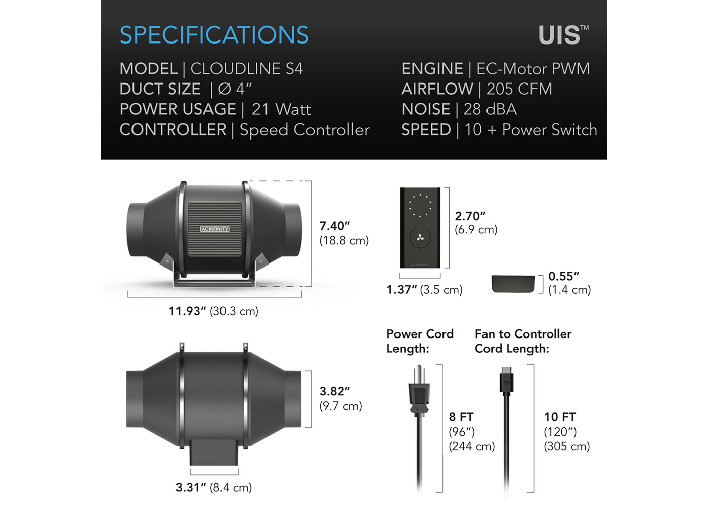 AC Infinity AC Infinity CloudLine  S4  Inline Duct Fan w/ Speed Controller, 4"