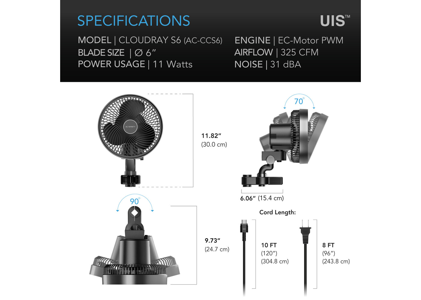 AC Infinity AC Infinity CLOUDRAY S6, Grow Tent Clip Fan 6” with 10 Speeds, EC-Motor, Auto Oscillation