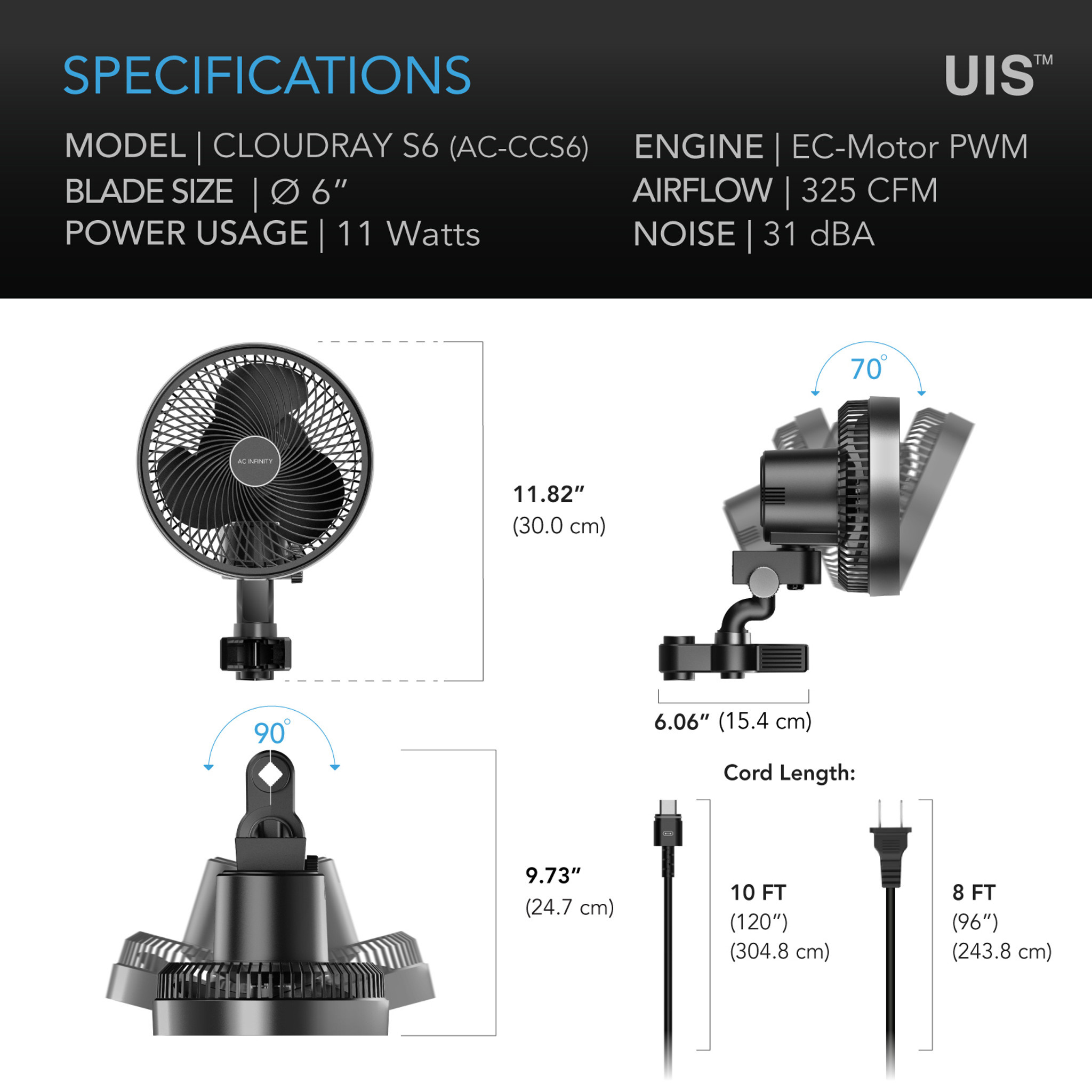 AC Infinity AC Infinity CLOUDRAY S6, Grow Tent Clip Fan 6” with 10 Speeds, EC-Motor, Auto Oscillation