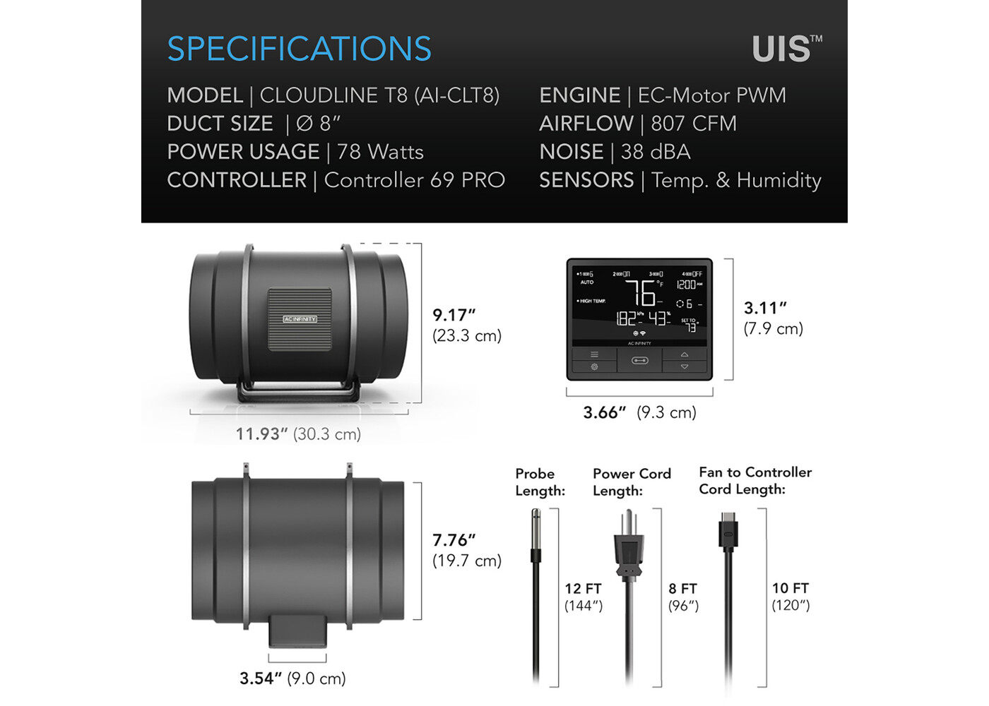 AC Infinity AC Infinity CloudLine  Pro T8  8" Inline Duct Fan w/ Temp & Humidity Controller