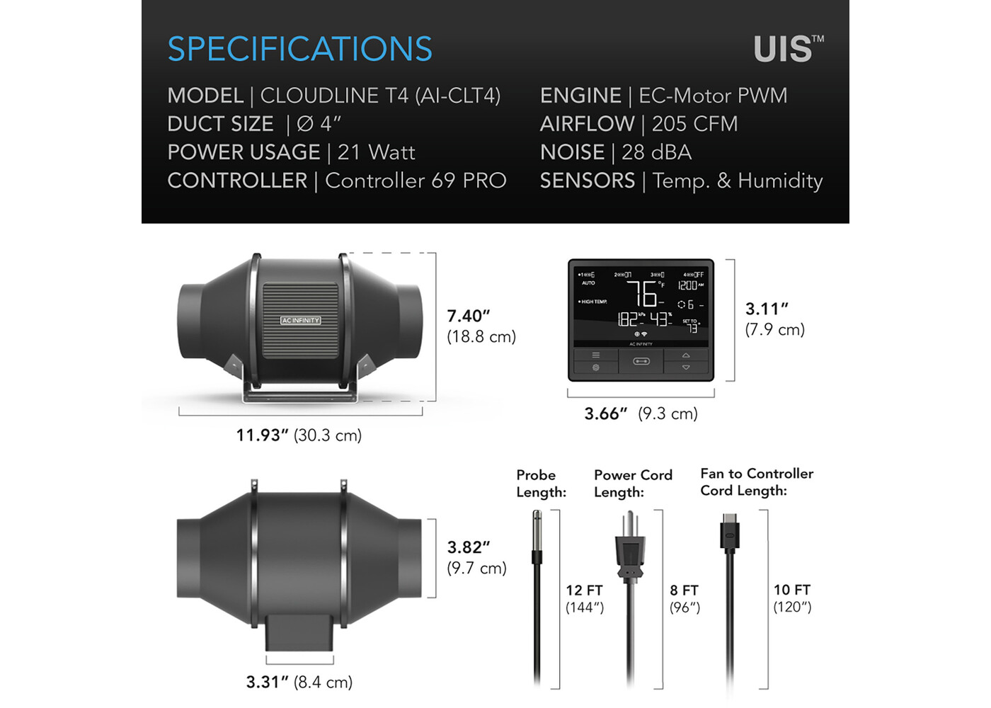 AC Infinity AC Infinity CloudLine 4" Inline Duct Fan w/ Temp & Humidity Controller