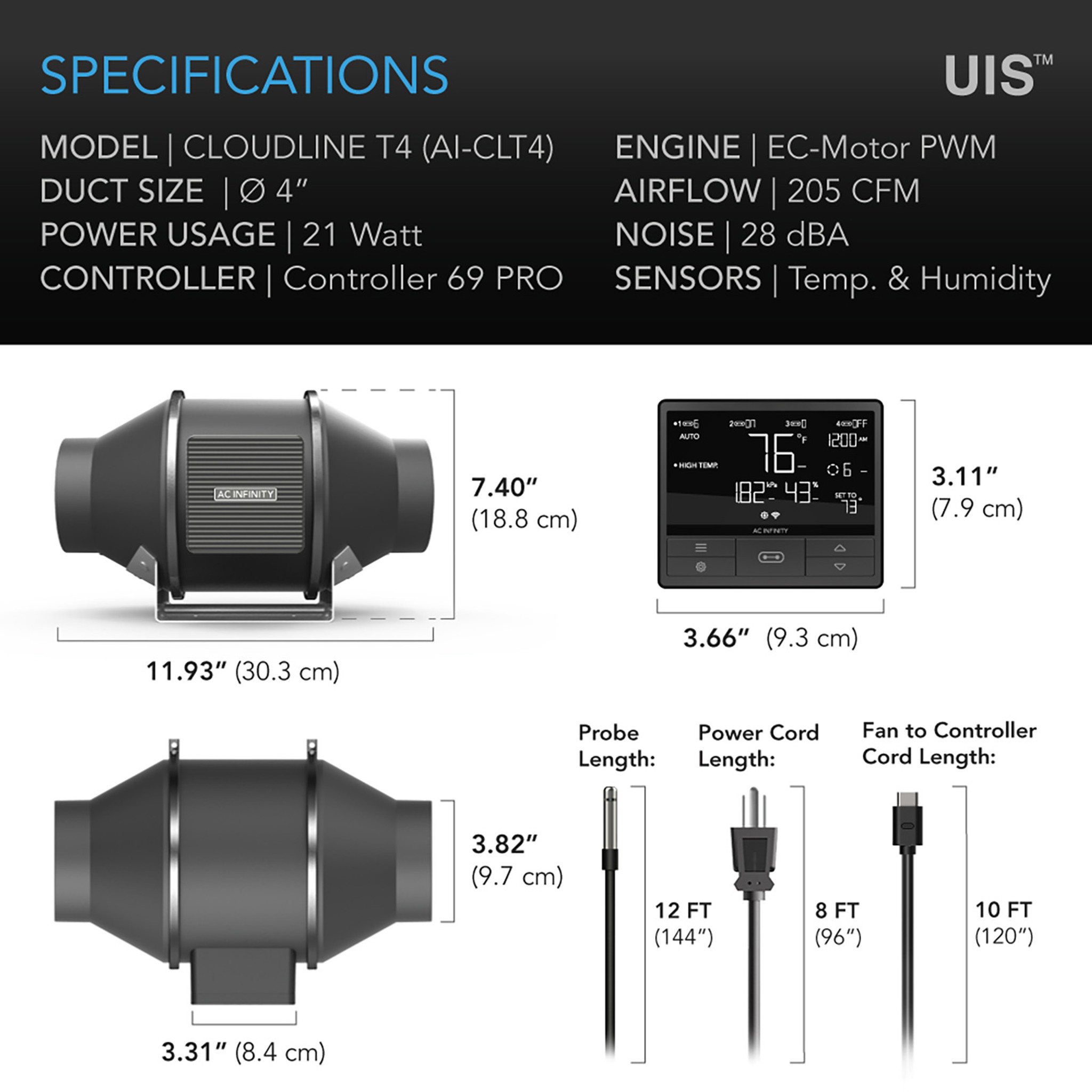 AC Infinity AC Infinity CloudLine 4" Inline Duct Fan w/ Temp & Humidity Controller