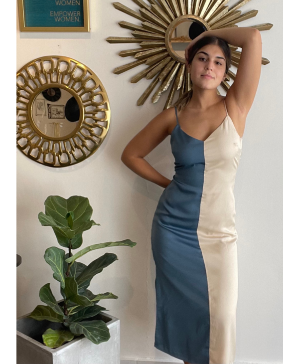 Satin Spag Color Block Midi Dress W 