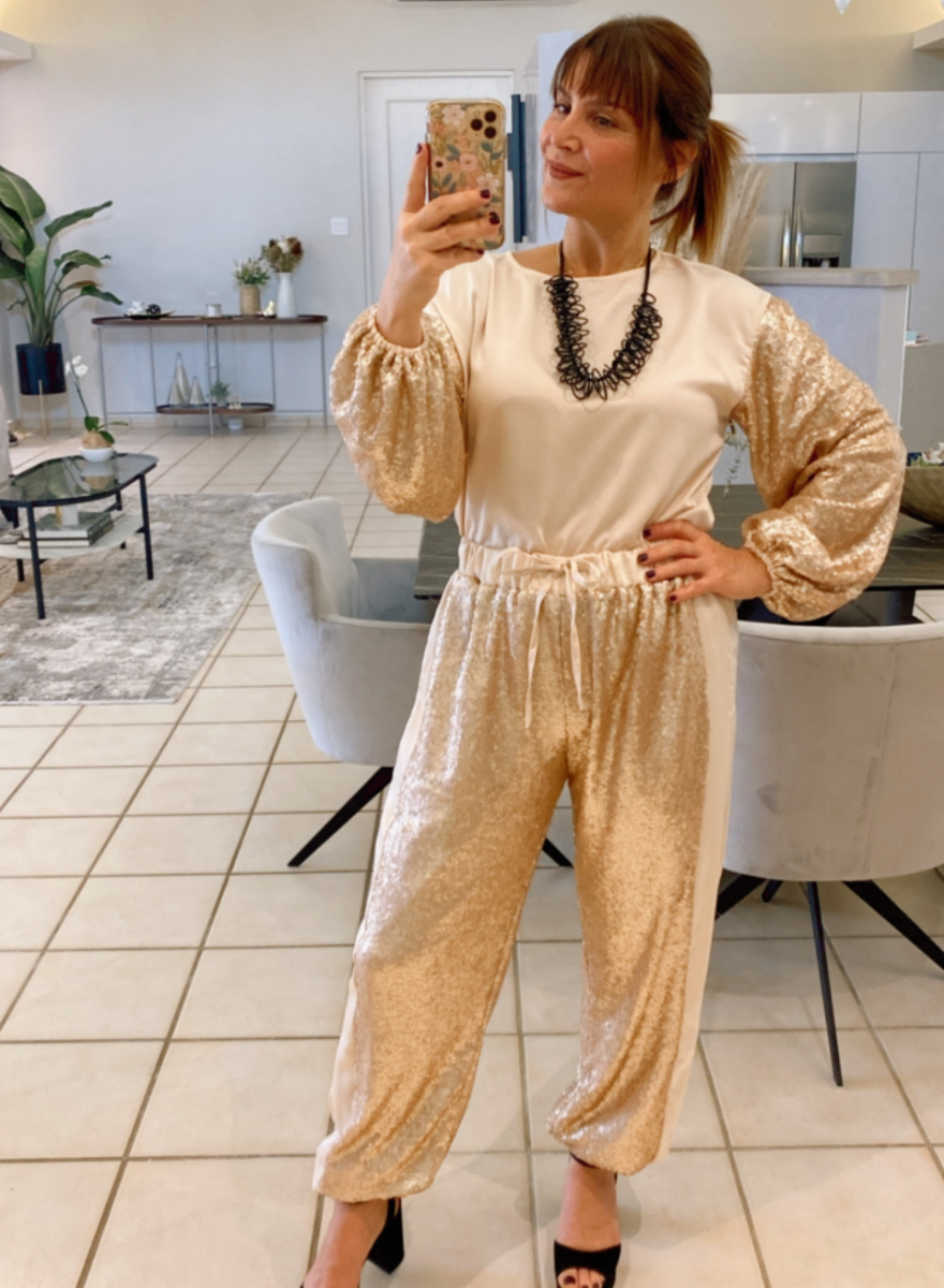 Sequins Jogger Pants w/Satin Contrat 