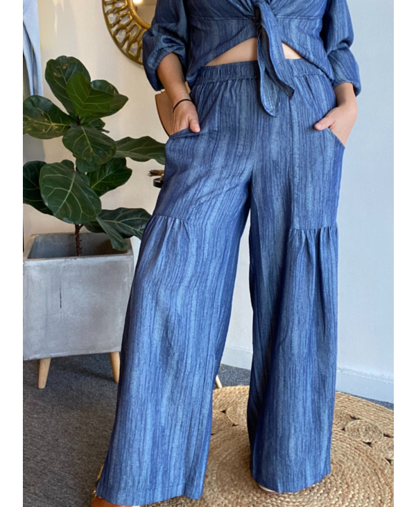Chambray Shirred Wide Leg Pants W/Side 