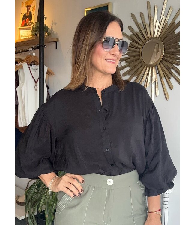 Puff Sleeve Button Down Shirt Black