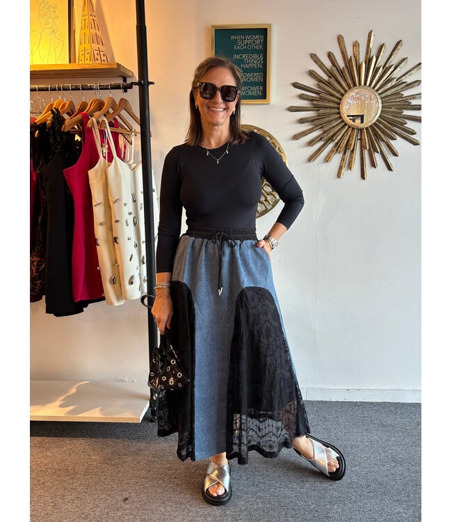 Denim Lace Panel Midi Skirt