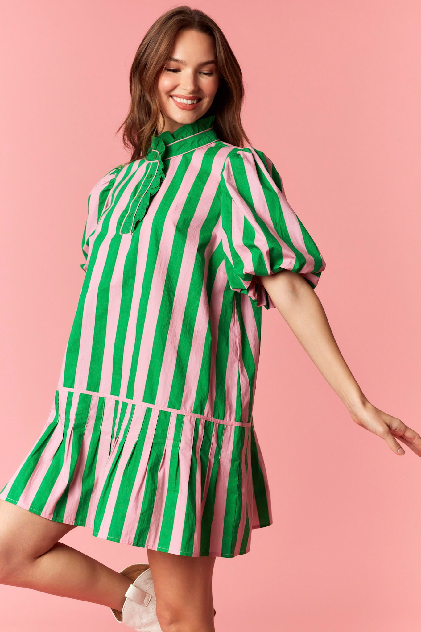 Pink and Green Stripped Dress - Passo Boutique