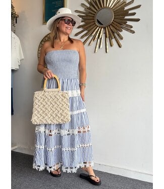 Navy Stripe Flower Trim Dress