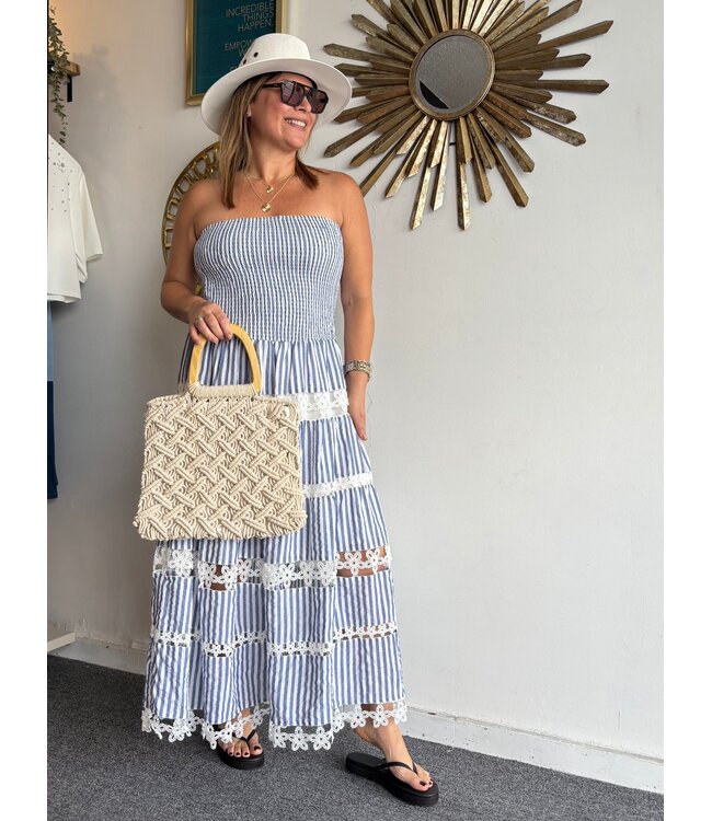 Navy Stripe Flower Trim Dress