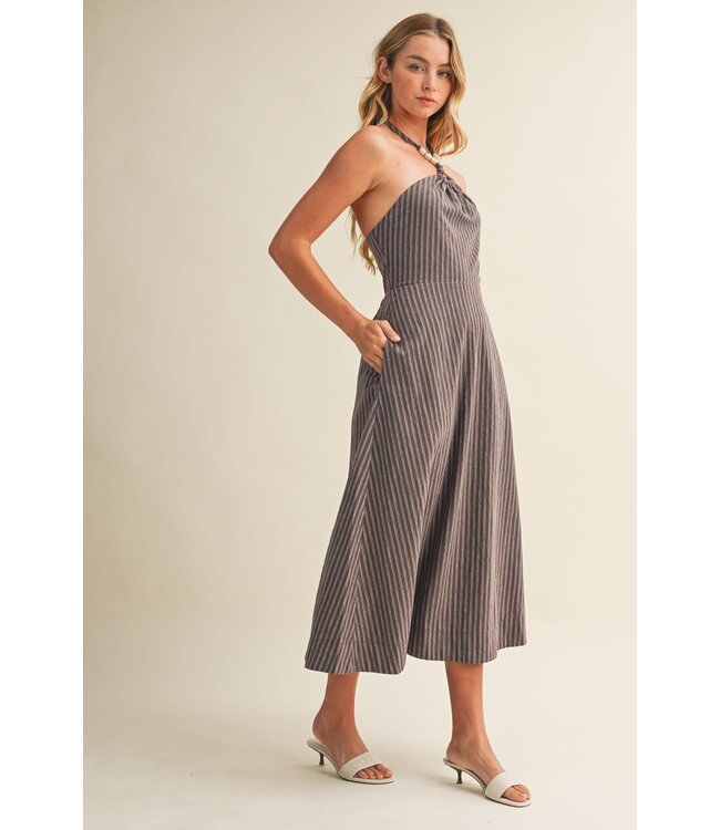 Beaded Halter Striped Dress