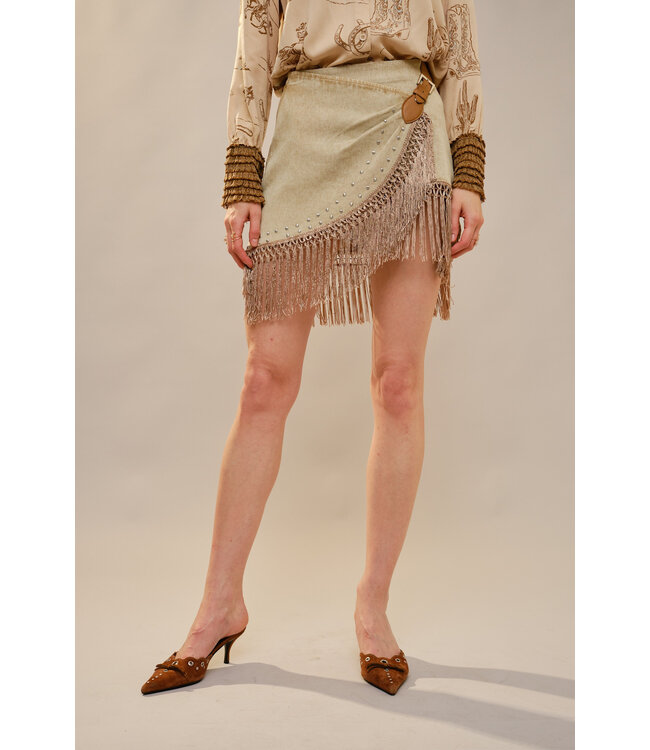 Fringe Wrap Denim Mini Skirt