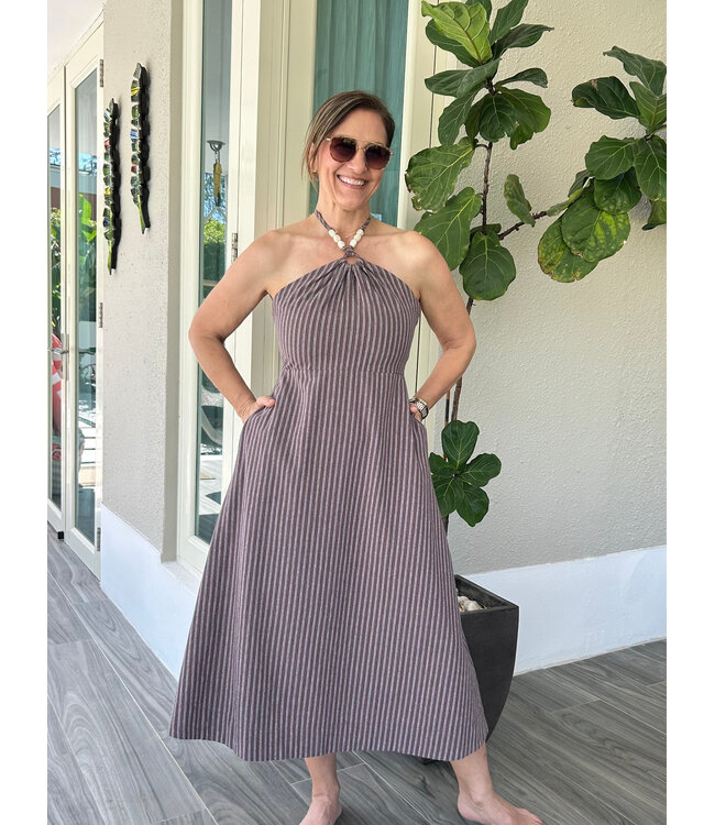 Beaded Halter Striped Dress