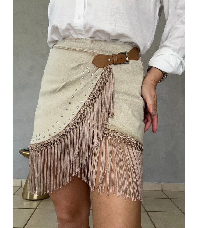 Fringe Wrap Denim Mini Skirt