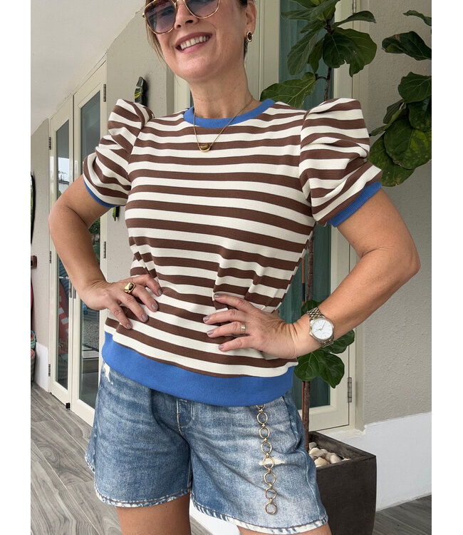Striped Puff Sleeve Blouse with Contrast Trim