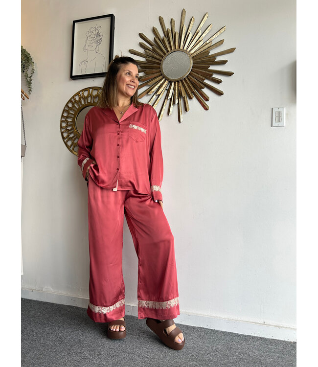 Lace Trim Satin Lounge Set