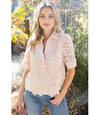 Collared V Neck Stripe and Lace Top