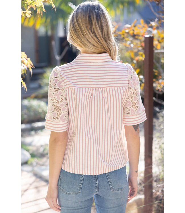 Collared V Neck Stripe and Lace Top